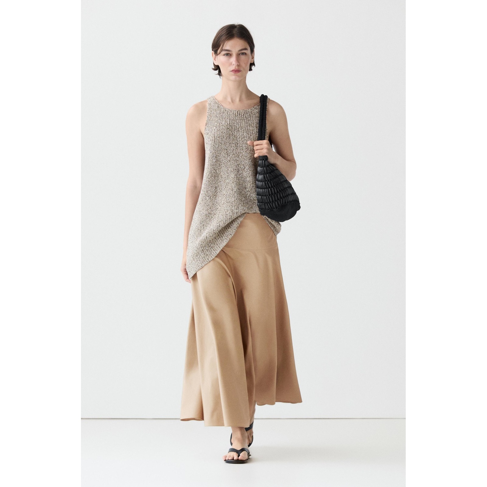 Massimo Dutti Camel Flounce Flared High Waist Midi Skirt A-Line Solid Side Zip 8